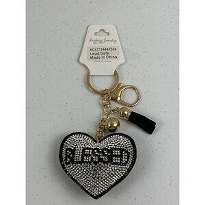 Heart-Shaped Rhinestone "Blessed" Keychain With Tassel & Gold Accents Lead Safe